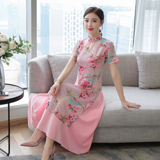 越南奥黛蕾丝旗袍长款女长袖2019新款女复古中国风时尚少女年轻款