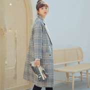 Áo khoác len kẻ sọc retro nữ mùa thu đông mới 2018 phiên bản Hàn Quốc của áo dài tay cổ áo len dài