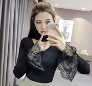 Thu đông 2018 phiên bản Hàn Quốc thời trang cổ chữ V treo cổ rắn màu ren khâu tay áo len áo len mỏng áo len nữ
