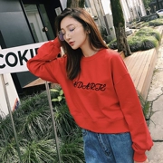 JOFAY Ngắn thư màu đỏ áo len mùa thu váy nữ 2018 mới của Hàn Quốc dài tay áo in siêu lửa áo sơ mi áo len cổ lọ Áo len
