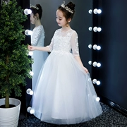 Cô gái công chúa váy fluffy sợi trẻ em buổi tối váy hoa trắng cô gái đám cưới trang phục piano váy dài váy - Váy trẻ em