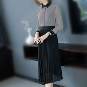 Đầm voan Houndstooth 2019 Mới đầu Thu Net Đỏ Nữ Slim Váy xếp li dài vừa phải - Váy eo cao