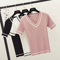 2018 mới mùa hè băng lụa áo len nữ chic sinh viên màu hồng ngọt ngào ngắn tay T-Shirt phần mỏng Slim áo sơ mi áo len cổ cao
