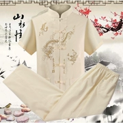 Tang phù hợp với nam ngắn tay phù hợp với mùa hè cha hai mảnh Trung Quốc trang phục dân tộc lỏng kích thước lớn nửa tay áo phong cách Trung Quốc