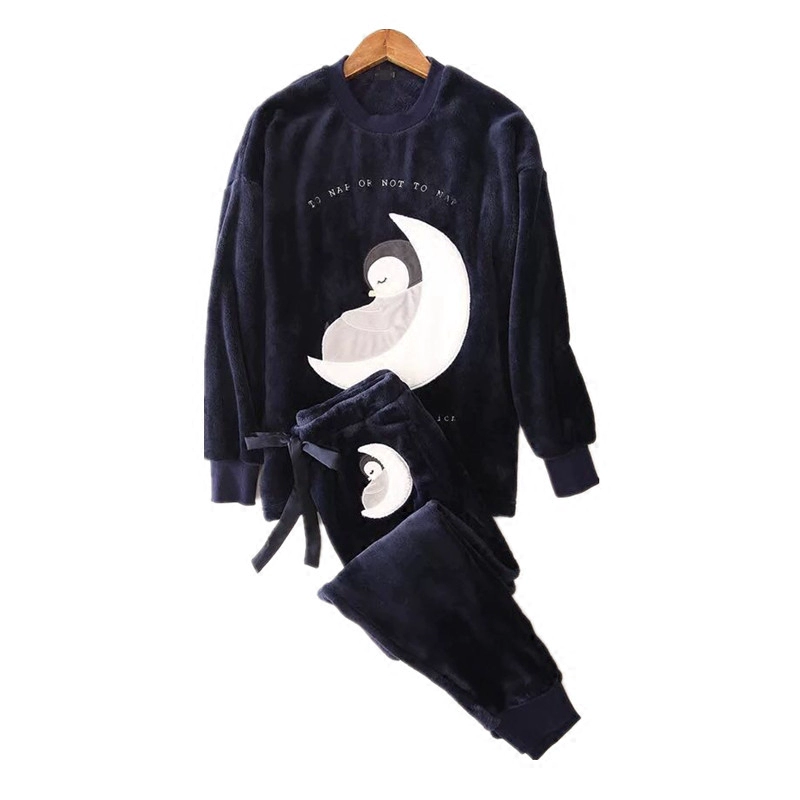 Tây Ban Nha O Home Penguin Moon Dài tay dày dặn Bộ đồ ngủ mặc nhà ấm áp Phụ nữ Bộ đồ mặc nhà mùa đông Bộ quần áo giam giữ - Bộ Pajama