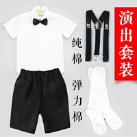 Trẻ em ngắn tay chương trình phù hợp với cậu bé áo sơ mi trắng bow tie quần short màu đen dây đeo vớ trắng hoa cô gái ăn mặc lớn trẻ em mùa hè shop vay tre em cao cap