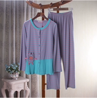 Quần dài tay Cotton Bộ đồ ngủ nữ mùa thu dệt kim Hoạt hình sọc dễ thương Dịch vụ tại nhà Đặt ngực giảm giá đặc biệt bộ đồ ngủ