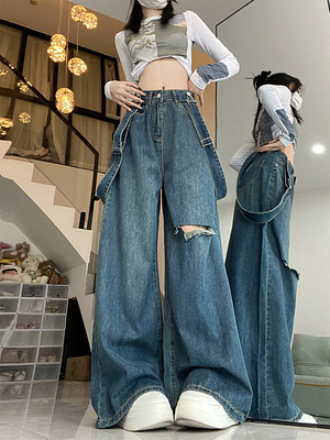 taobao agent Denim suspenders, plus size, autumn, high waist, for pear shaped body