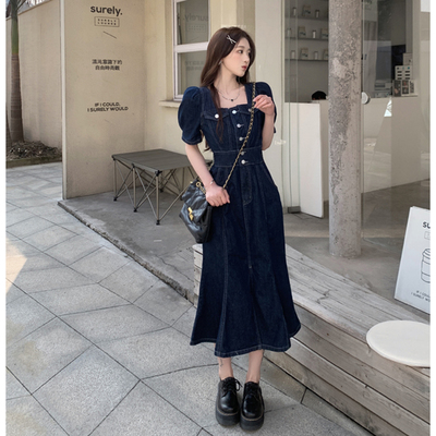 taobao agent Retro summer denim dress, plus size, puff sleeves, high waist, fish tail