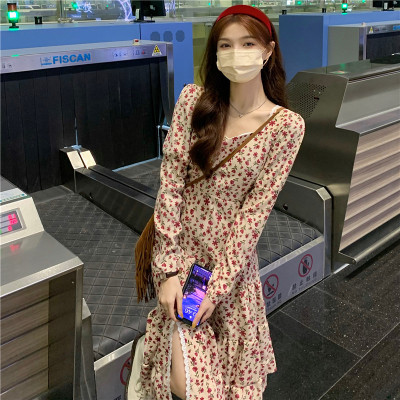 taobao agent Retro autumn dress with sleeves, fitted brace, long skirt, plus size, square neckline, flowered, long sleeve