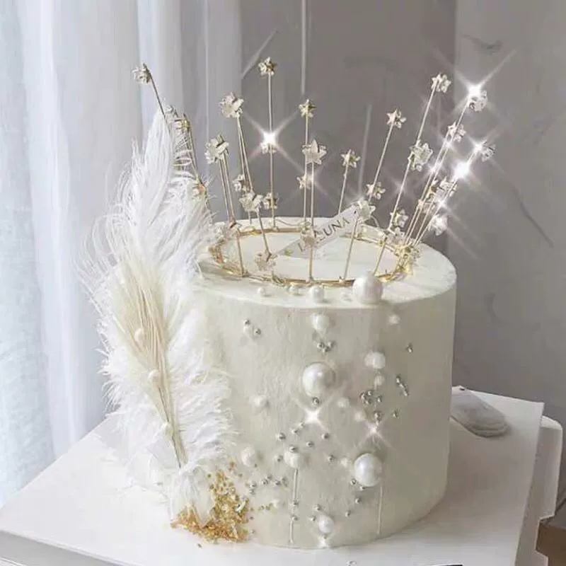 Trang trí bánh sinh nhật đầy sao Trang trí vương miện Trang trí vương miện Net Red Cake Chèn Pearl Feather Plug - Trang trí nội thất