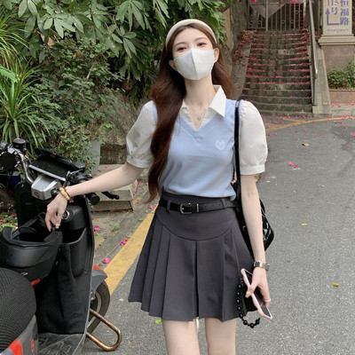 taobao agent Summer set, pleated skirt, plus size, polo collar, high waist
