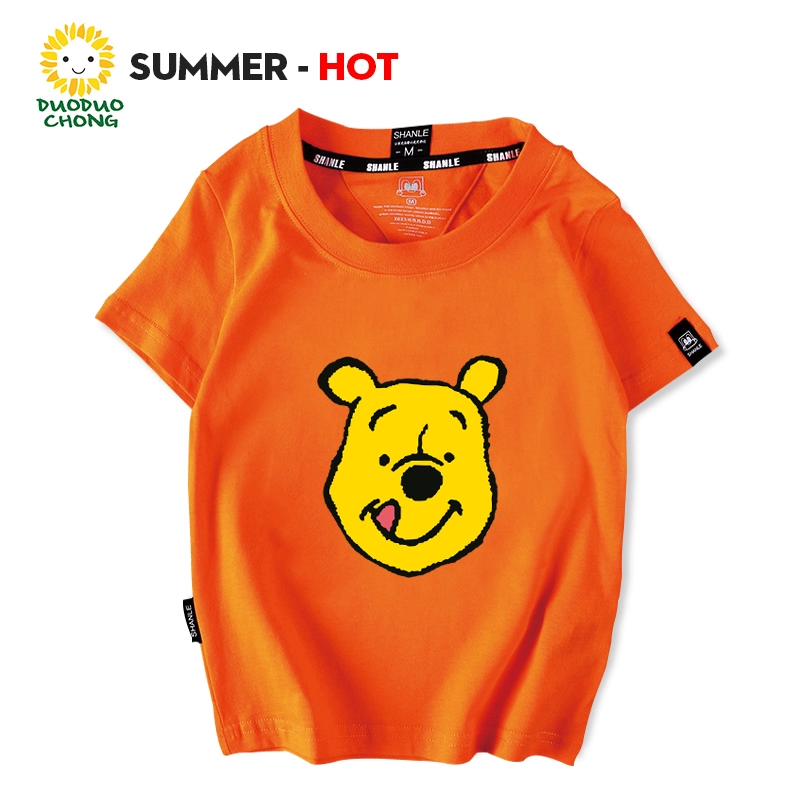 Winnie the Pooh ngắn tay mùa hè nam và nữ quần áo trẻ em nhỏ và lớn trẻ em hoạt hình cotton nửa tay giản dị trên quần áo áo phông - Áo thun