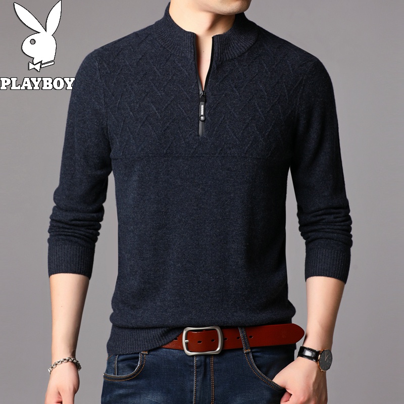 Playboy Men Winter Pure cardigan Tuổi trẻ Jacquard Nửa cao cổ đan áo len nam Zip Sweater - Áo len cổ tròn