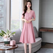 Mùa hè 2019 khí chất của phụ nữ Hàn Quốc ngắn tay cổ chữ V màu rắn thiết lập thun thun eo dài phần vải lanh A-line - váy đầm