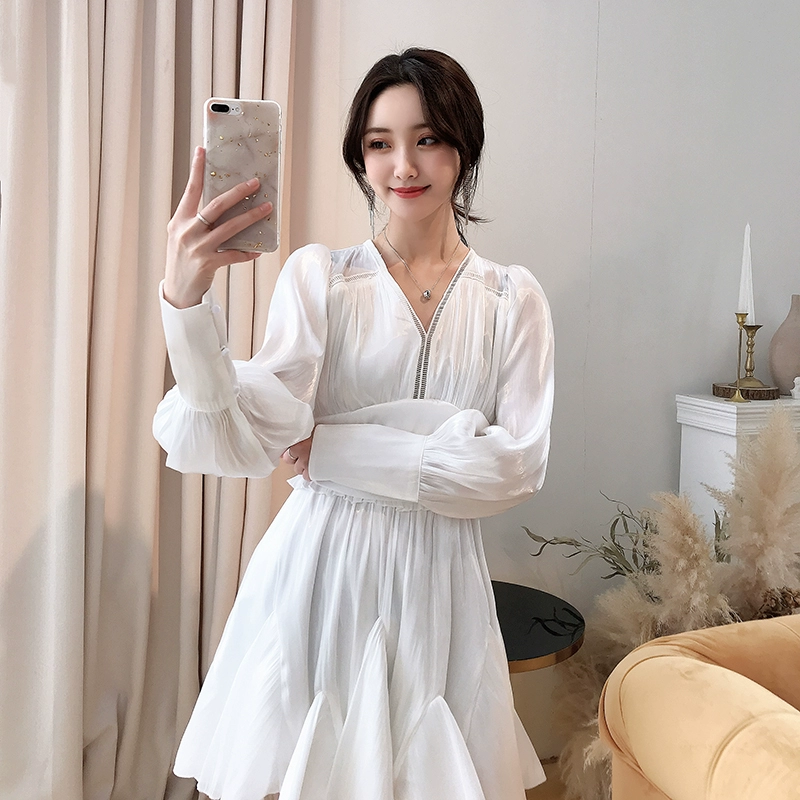 Princess Wangs Womens Dress Phụ nữ Dài tay Tính khí Gợi cảm Dây thắt lưng cao V-Cổ chữ V Váy lụa Island - Váy eo cao