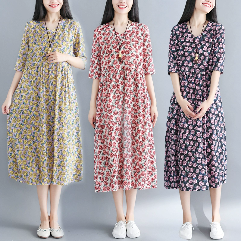 Quần áo phụ nữ phong cách dân tộc 2020 mùa hè phong cách mới văn học cổ điển hoa dài váy rời cỡ lớn váy lụa bông ngắn tay phụ nữ - Váy dài