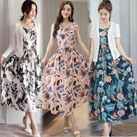 Váy vest hoa dài có thắt lưng phiên bản Hàn Quốc của áo hai dây 2019 hè mới cỡ lớn cho nữ và váy lanh - Váy dài đầm len tay dài