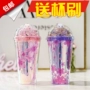 480ML đầy màu sắc anh đào lấp lánh hai lớp cốc in sequin tay cốc nữ tách trà cốc nước cốc rơm phiên bản Hàn Quốc - Tách bình đựng nước inox