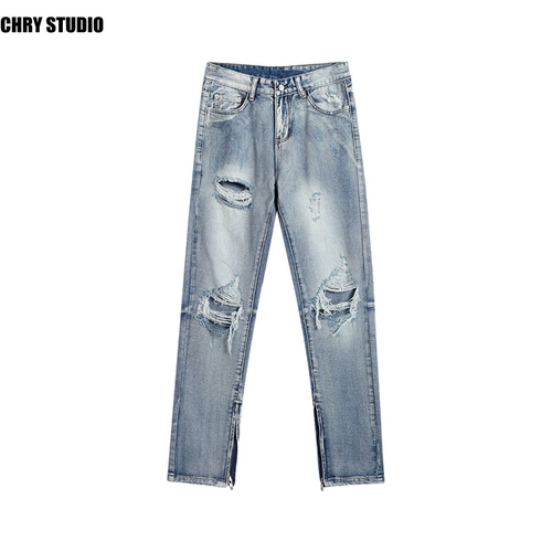 CHRY STUDIO 20SS, новые весенние джинсы в уличном стиле, светло-голубые, большие рваные, маленькие джинсы, модные брендовые мужские джинсы