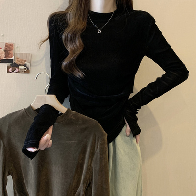 taobao agent Retro velvet autumn T-shirt, long-sleeve, plus size, with fleece, 2023 collection, city style, fitted, high collar