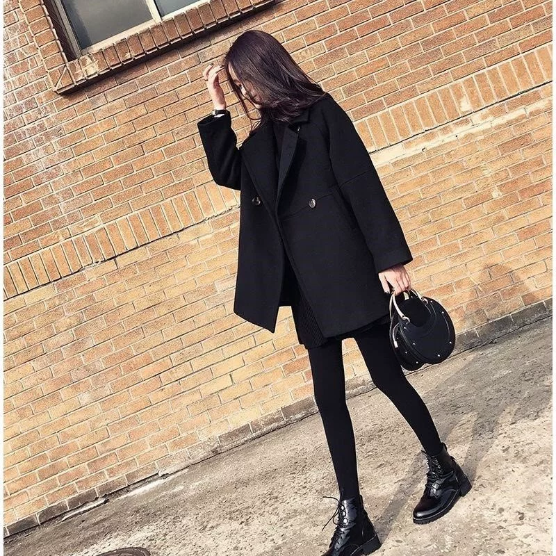 Áo khoác len màu đen 2019 mùa đông mới dành cho nữ phong cách Hàn Quốc áo dài mỏng giữa áo len mỏng kiểu kén - Trung bình và dài Coat