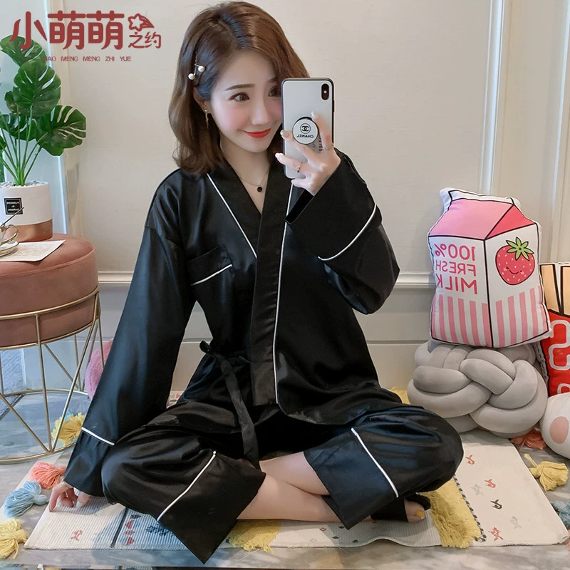 Bộ đồ ngủ của phụ nữ Hàn Quốc đơn giản, đơn giản, ngọt ngào, dài tay bằng lụa tơ tằm, bộ đồ mùa xuân và mùa thu mỏng - Bộ Pajama