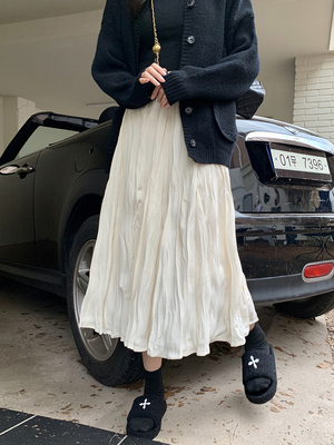 taobao agent Apricot demi-season pleated skirt, autumn brand long skirt, plus size, high waist, A-line, mid-length, maxi length
