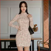 2018 mùa thu đông mới của phụ nữ Hàn Quốc khí chất nửa cổ cao thanh mảnh thời trang kẻ sọc dài tay túi đeo hông - váy đầm