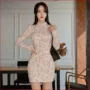 2018 mùa thu đông mới của phụ nữ Hàn Quốc khí chất nửa cổ cao thanh mảnh thời trang kẻ sọc dài tay túi đeo hông - váy đầm váy ngắn
