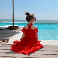 Váy bé gái mùa hè 2019 màu đỏ treo váy bên bờ biển Váy quây voan trong váy trẻ em lớn - Váy váy công chúa cho bé gái 12 tuổi