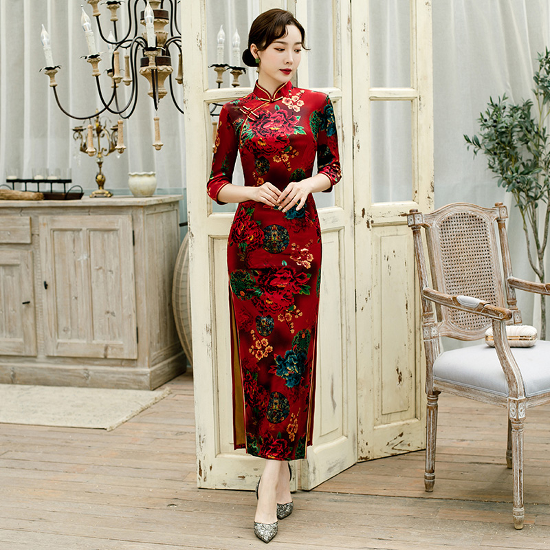 Demi-season cheongsam, lightweight dress for mother, 2022 collection, increased thickness, long sleeve