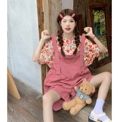 taobao agent Fuchsia suspenders, summer shorts, set, plus size, fitted