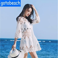 Kỳ nghỉ bên bờ biển rộng mở áo khoác chống nắng quần áo nữ bikini áo tắm che áo sơ mi cardigan smock váy - Bộ đồ bơi hai mảnh bikini 2 mảnh màu đen	