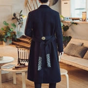 Áo khoác gió kiểu Trung Quốc thêu áo khoác nam mùa thu đông Phiên bản Hàn Quốc dài siêu dài qua đầu gối bằng len