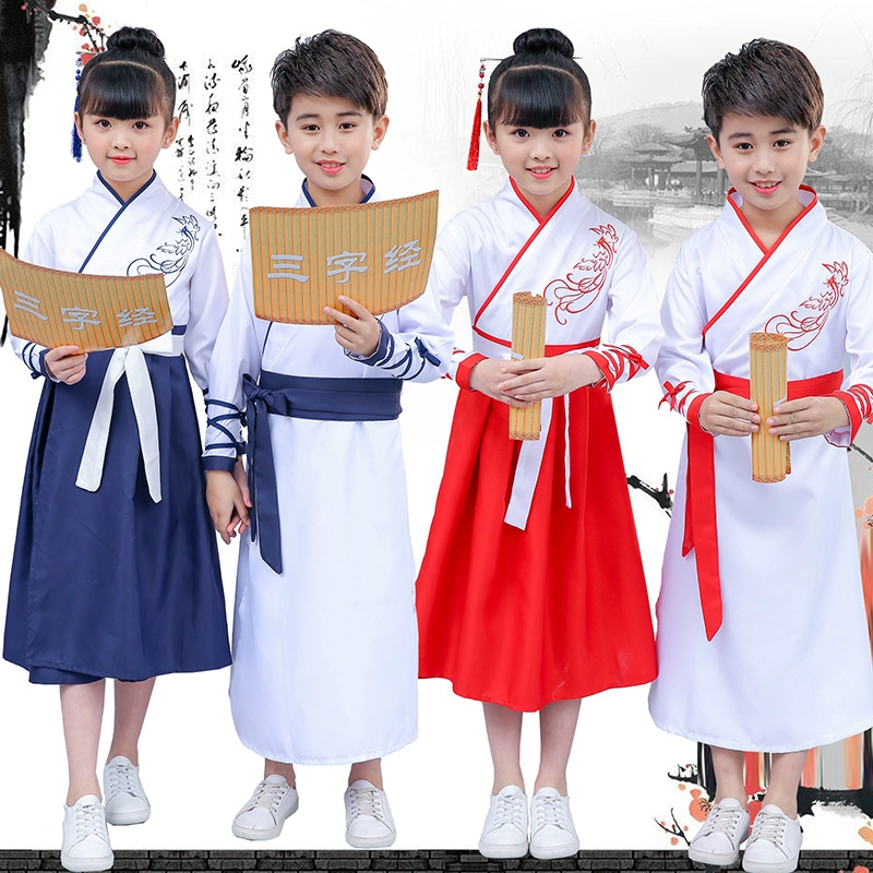 Múa năm mới Học tiếng Trung Quốc Ba nhân vật Trang phục thiếu nhi cổ điển Phong cách Trung Quốc Han Quần áo nam nữ đọc sách trang phục biểu diễn - Trang phục