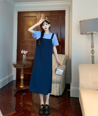 taobao agent Summer blue dress, set, plus size, for pear shaped body, french style, fitted