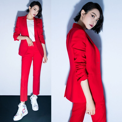 Красный комплект, пиджак классического кроя, куртка, в корейском стиле, по фигуре