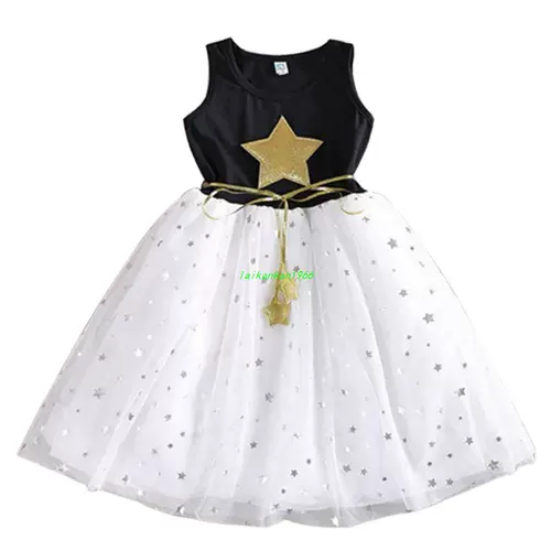 3-10Y Baby Girls Sequins Dress Star Printed with Belt Sleeve