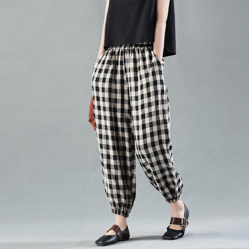 Vườn Công Viên đẹp retro văn học ramie kẻ sọc quần mùa hè nạp hoang dã lỏng mỏng quần harem quần cà rốt giản dị nữ
