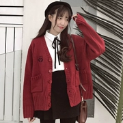 Mùa thu và mùa đông mới của Hàn Quốc phiên bản của các trường đại học gió thêu V-Cổ lỏng sinh viên hoang dã knit cardigan phụ nữ dài tay áo len áo