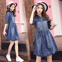 Denim váy nữ 2018 mùa xuân mới năm điểm tay áo đơn ngực cao bồi một từ polo cổ áo khí mỏng thủy triều