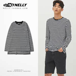 Triều tiên Triều thương hiệu retro INS với cùng một đoạn giản dị màu đen và trắng sọc dài tay nam giới và phụ nữ vài T-Shirt quần áo áo triều áo thun có cổ