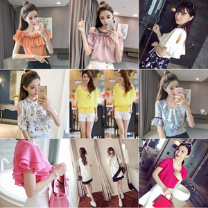 2018 mùa hè Hàn Quốc phiên bản mới lỏng trắng ren voan áo sơ mi nữ ngắn tay màu rắn rỗng V-Cổ voan áo sơ mi