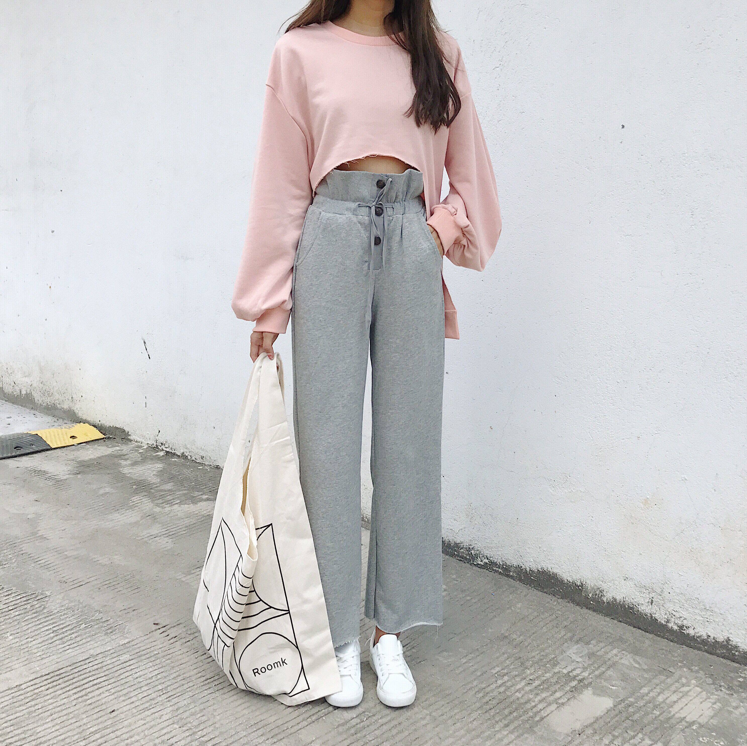 (实拍)韩国松紧腰系带花苞裤高腰显瘦宽松直筒裤休闲裤女 7016