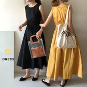 Hàn quốc phiên bản của chic solid color hollow backless không tay mùa hè ăn mặc đơn giản retro tính khí phần dài eo cao Một từ váy