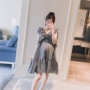 Thai sản mặc 2018 mùa hè mới Hàn Quốc phiên bản của v- cổ kẻ sọc gỗ tai đuôi cá một phiên bản lỏng thời trang thai sản váy shop đồ bầu
