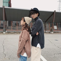 Mô hình mùa thu và mùa đông mới của Hàn Quốc phiên bản của các cặp vợ chồng mặc cao cổ áo ve áo áo len áo len màu rắn nam giới và phụ nữ dòng quần áo ấm áo khoác áo đôi