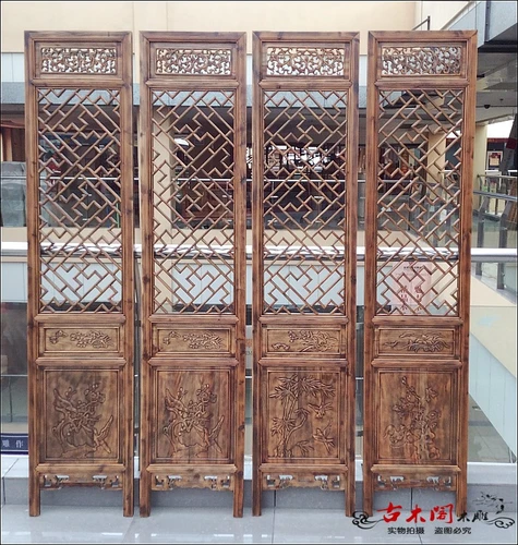 Специальное предложение бесплатная доставка Dongyang Wood -Carbing Plum Bamboo Bamboo Chrysanthemum Экран Китайский твердый древесина антикварные деревянные перегородки Четыре рельефа экрана
