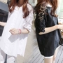 2018 phiên bản Hàn Quốc của cổ áo mmV chất béo ngắn tay áo thun rộng tay nửa ren ren rỗng cỡ lớn nữ áo trắng áo khoác len cardigan nữ